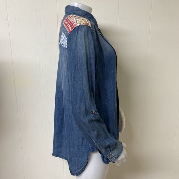Boho Denim Patchwork Shirt Womens L Distressed Blue Applique Long Sleeve Western - Picture 5 of 10